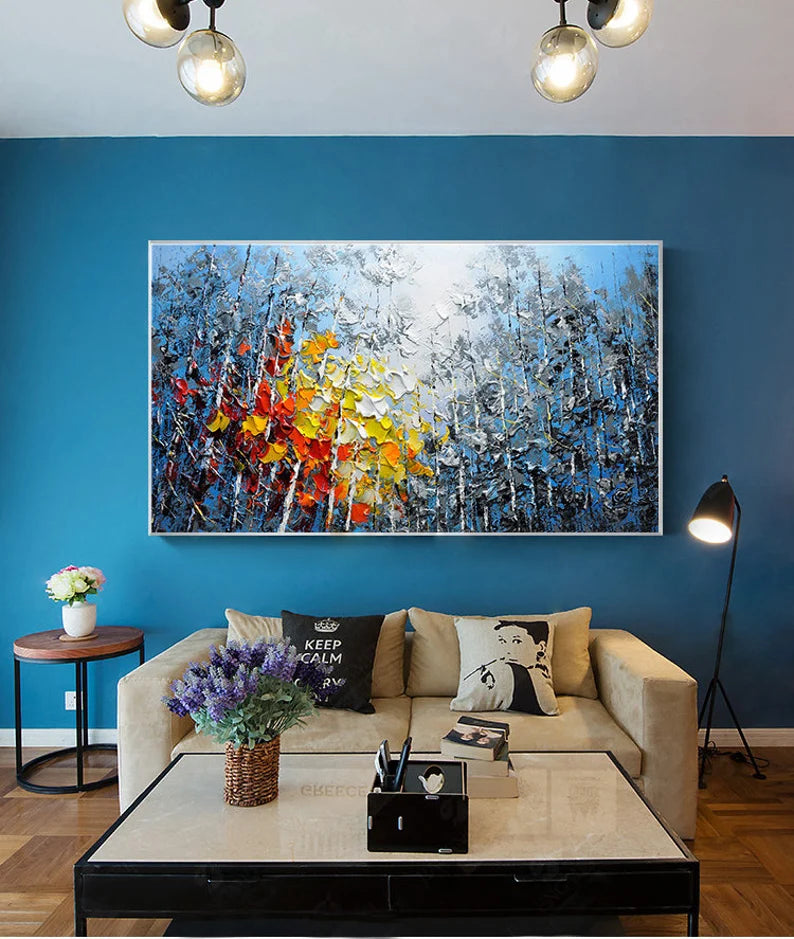 "Large Hand-Painted Oil Painting on Canvas – Blue Sky & Colorful Forest, Textured Impasto Wall Art"