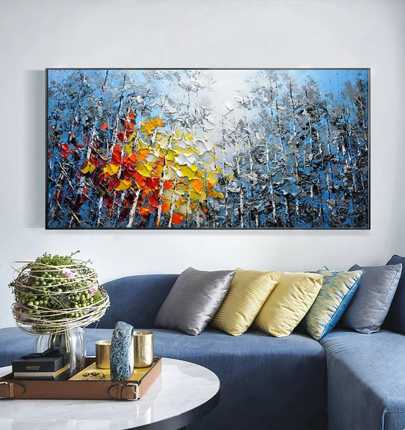 "Large Hand-Painted Oil Painting on Canvas – Blue Sky & Colorful Forest, Textured Impasto Wall Art"