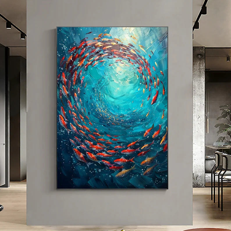 Original "School of Fish" Oil Painting – Abstract Blue Ocean Scene on Canvas, Underwater World Art for Living Room, Customizable Design.
