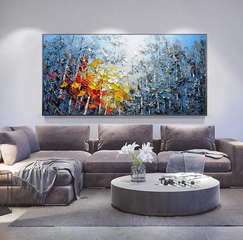 "Large Hand-Painted Oil Painting on Canvas – Blue Sky & Colorful Forest, Textured Impasto Wall Art"