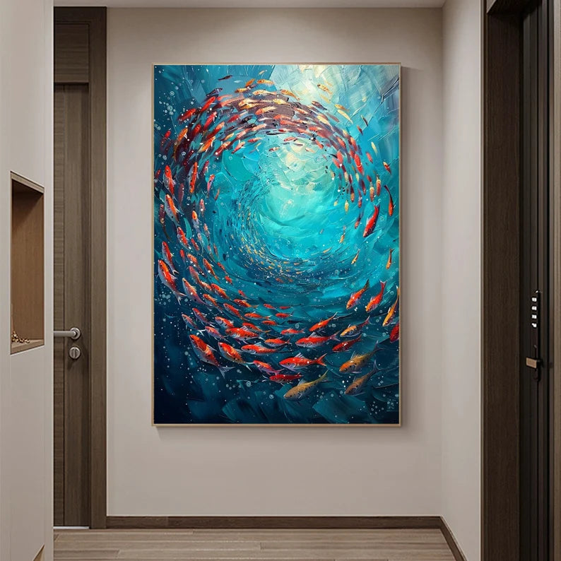 Original "School of Fish" Oil Painting – Abstract Blue Ocean Scene on Canvas, Underwater World Art for Living Room, Customizable Design.