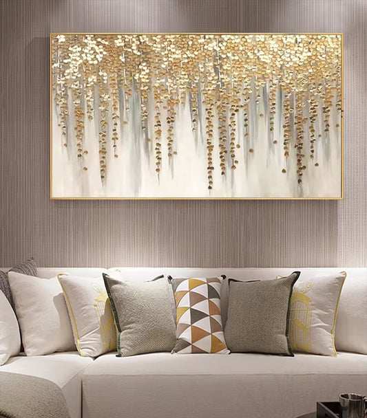 Luxury Gold Leaf Wall Art – Hand-Painted Abstract Acrylic Canvas – Gold Foil Modern Painting for Living Room Decor