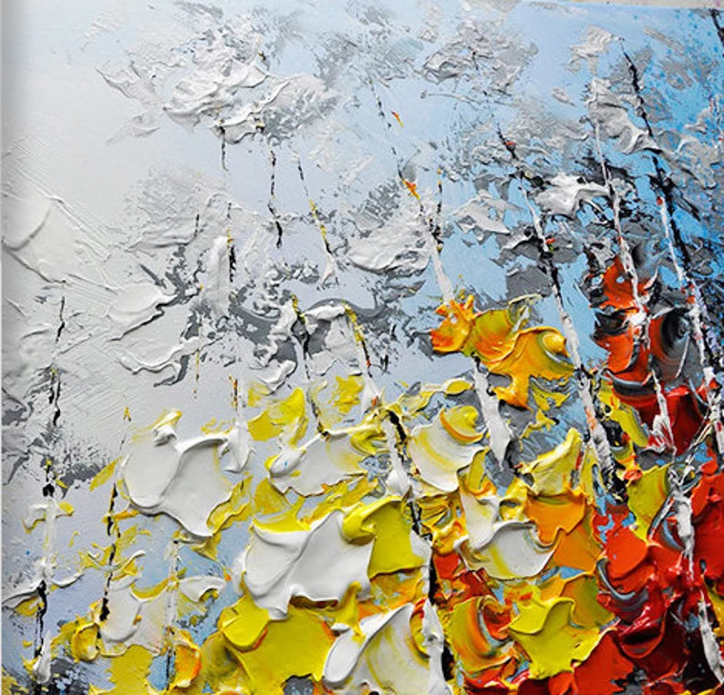 "Large Hand-Painted Oil Painting on Canvas – Blue Sky & Colorful Forest, Textured Impasto Wall Art"
