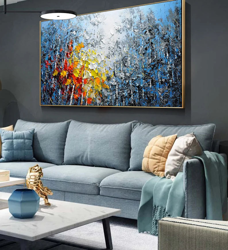 "Large Hand-Painted Oil Painting on Canvas – Blue Sky & Colorful Forest, Textured Impasto Wall Art"