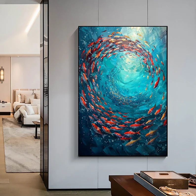 Original "School of Fish" Oil Painting – Abstract Blue Ocean Scene on Canvas, Underwater World Art for Living Room, Customizable Design.