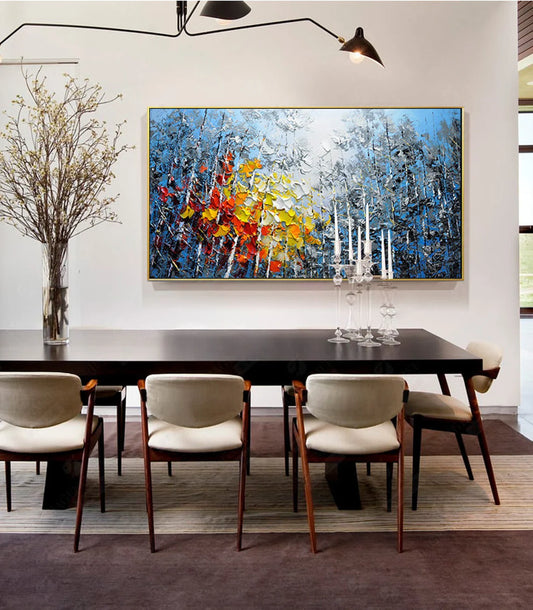"Large Hand-Painted Oil Painting on Canvas – Blue Sky & Colorful Forest, Textured Impasto Wall Art"