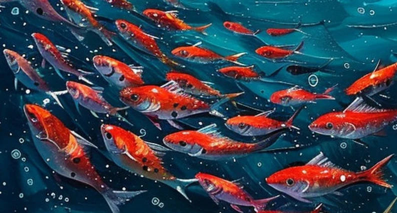 Original "School of Fish" Oil Painting – Abstract Blue Ocean Scene on Canvas, Underwater World Art for Living Room, Customizable Design.