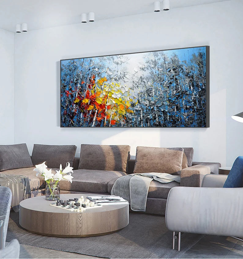 "Large Hand-Painted Oil Painting on Canvas – Blue Sky & Colorful Forest, Textured Impasto Wall Art"
