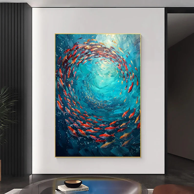 Original "School of Fish" Oil Painting – Abstract Blue Ocean Scene on Canvas, Underwater World Art for Living Room, Customizable Design.