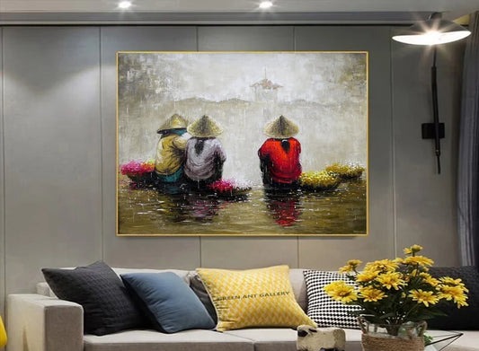Handmade Vietnamese Oil Painting – Floral Street Vendor | Elegant Wall Decor