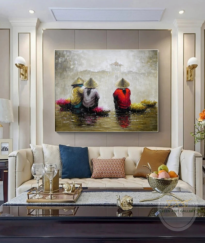 Handmade Vietnamese Oil Painting – Floral Street Vendor | Elegant Wall Decor