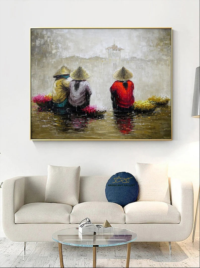 Handmade Vietnamese Oil Painting – Floral Street Vendor | Elegant Wall Decor