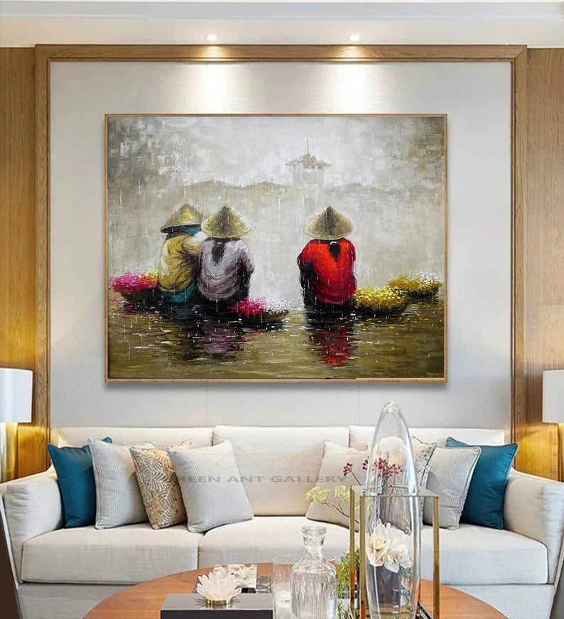 Handmade Vietnamese Oil Painting – Floral Street Vendor | Elegant Wall Decor