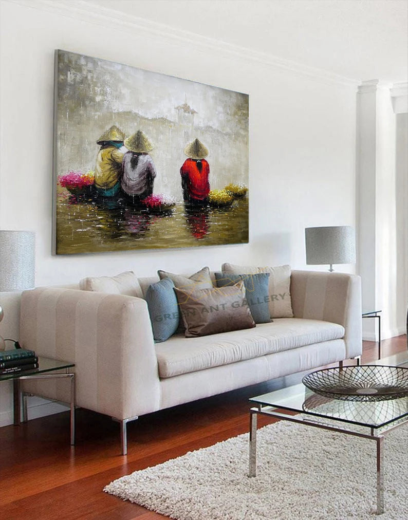 Handmade Vietnamese Oil Painting – Floral Street Vendor | Elegant Wall Decor