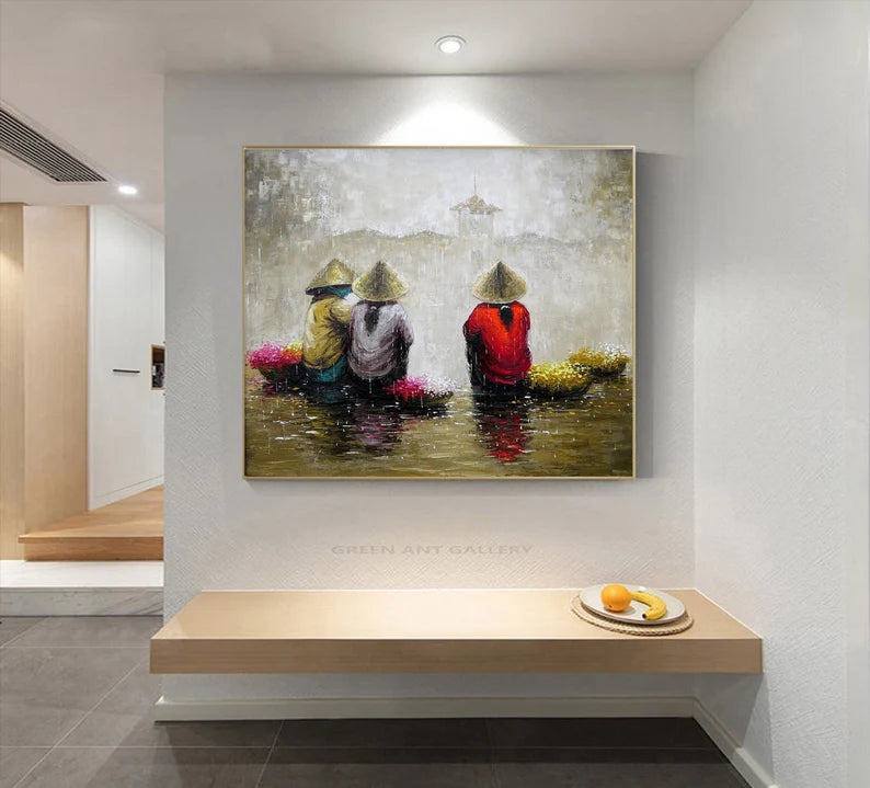 Handmade Vietnamese Oil Painting – Floral Street Vendor | Elegant Wall Decor