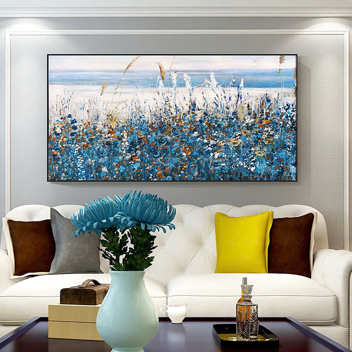 Original oil painting abstract art on canvas Nature home decor blue horsetail grass oil painting,wall art, handmade gift
