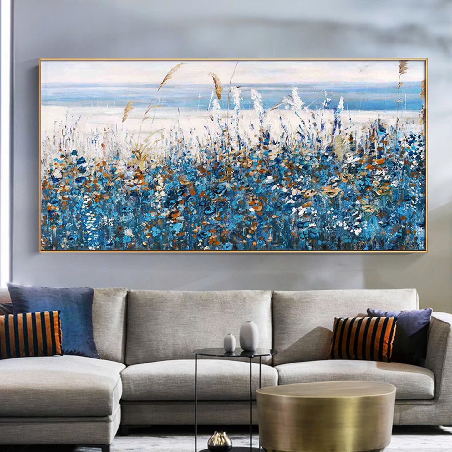 Original oil painting abstract art on canvas Nature home decor blue horsetail grass oil painting,wall art, handmade gift