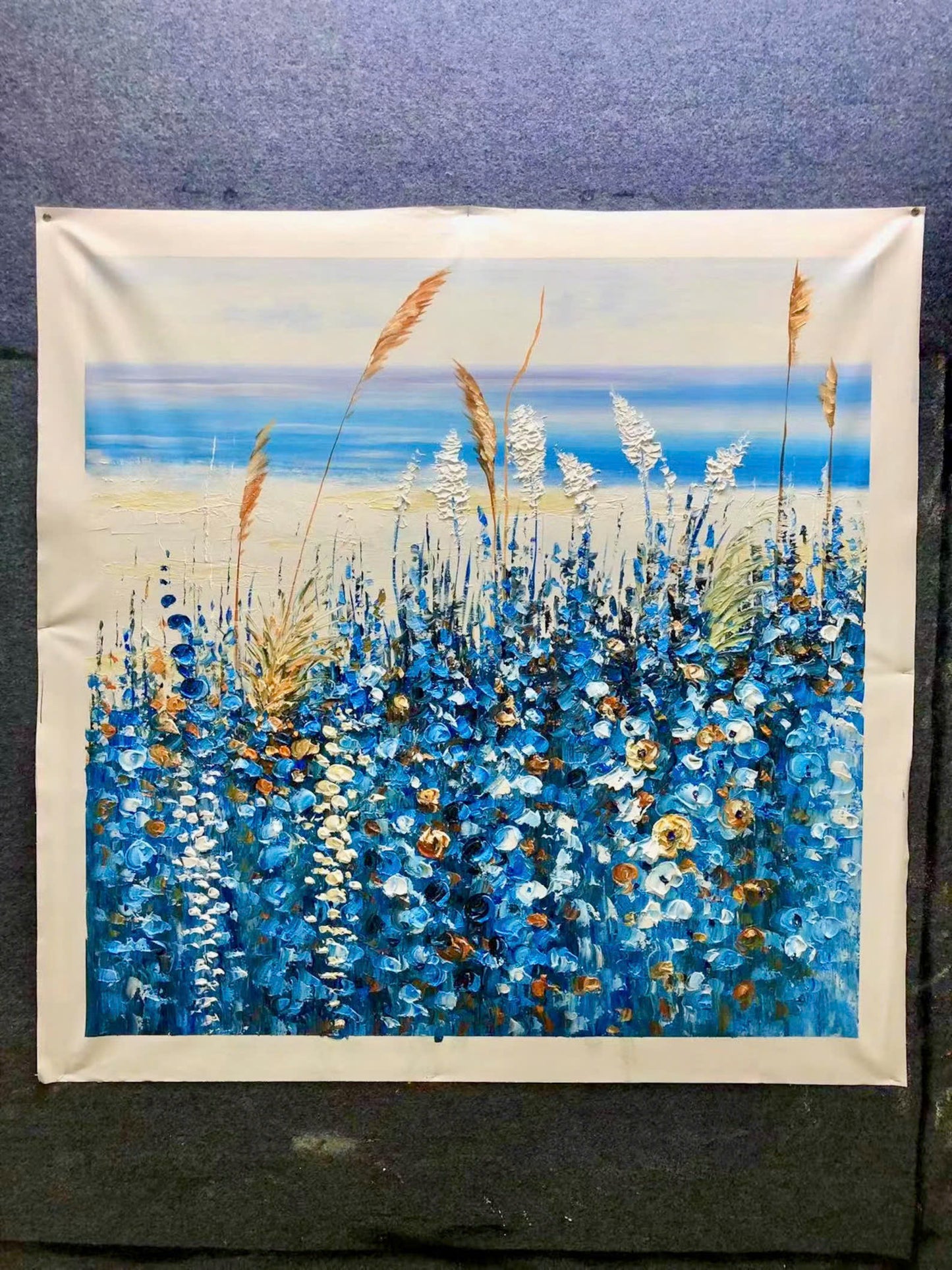 Original oil painting abstract art on canvas Nature home decor blue horsetail grass oil painting,wall art, handmade gift