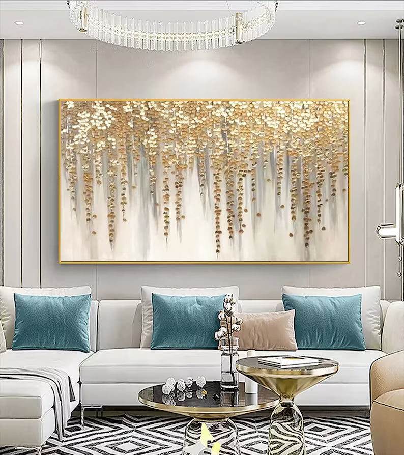 Luxury Gold Leaf Wall Art – Hand-Painted Abstract Acrylic Canvas – Gold Foil Modern Painting for Living Room Decor