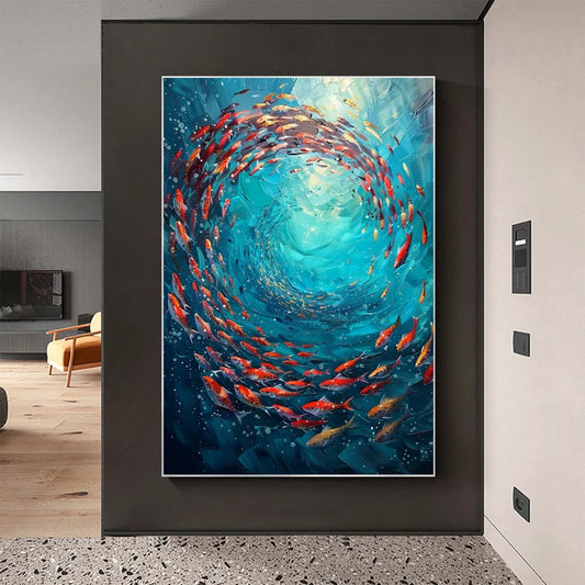 Original "School of Fish" Oil Painting – Abstract Blue Ocean Scene on Canvas, Underwater World Art for Living Room, Customizable Design.