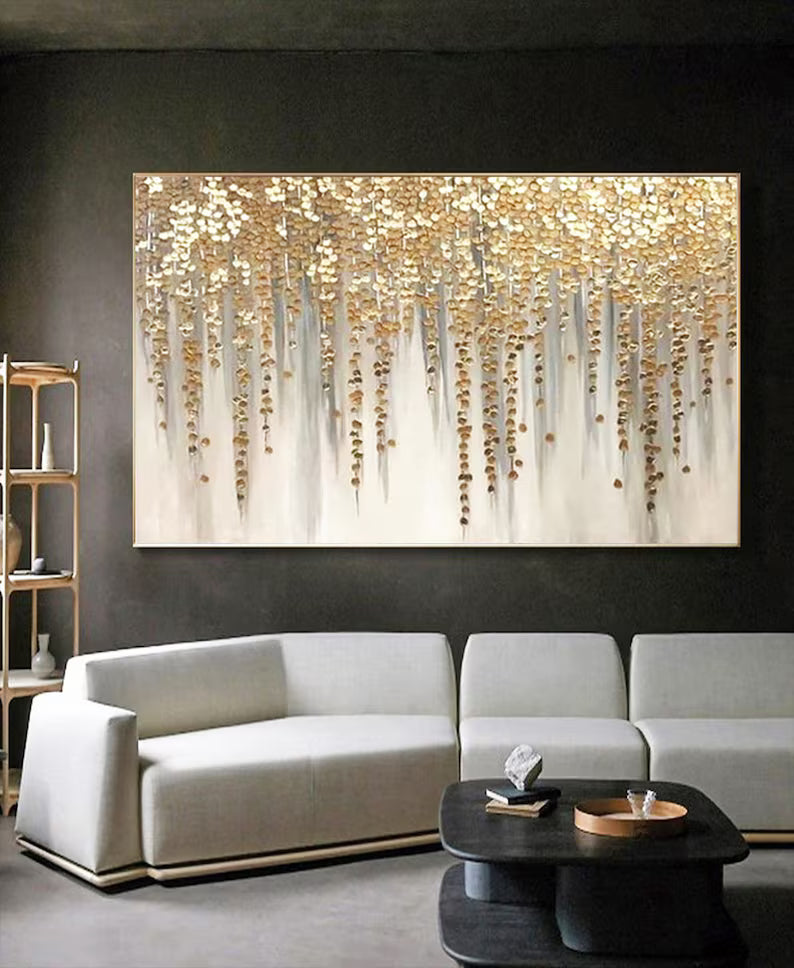 Luxury Gold Leaf Wall Art – Hand-Painted Abstract Acrylic Canvas – Gold Foil Modern Painting for Living Room Decor