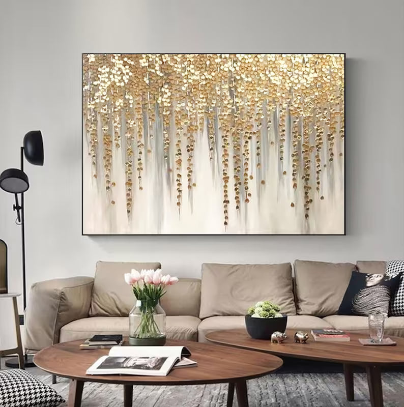 Luxury Gold Leaf Wall Art – Hand-Painted Abstract Acrylic Canvas – Gold Foil Modern Painting for Living Room Decor