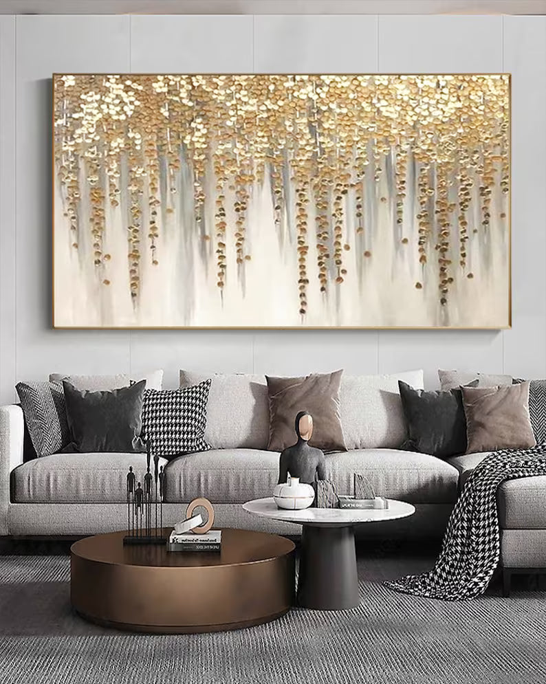 Luxury Gold Leaf Wall Art – Hand-Painted Abstract Acrylic Canvas – Gold Foil Modern Painting for Living Room Decor