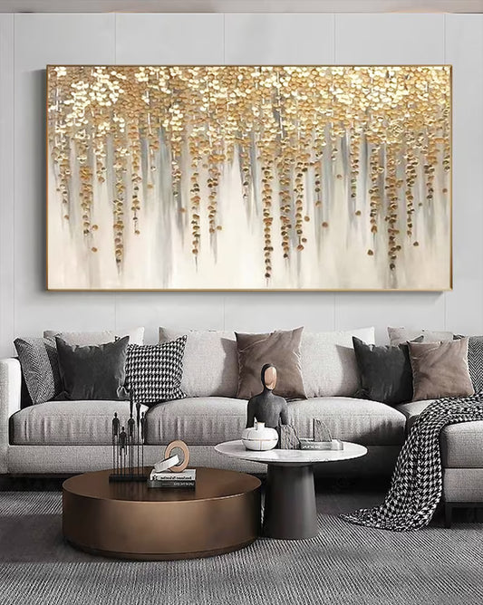 Luxury Gold Leaf Wall Art – Hand-Painted Abstract Acrylic Canvas – Gold Foil Modern Painting for Living Room Decor