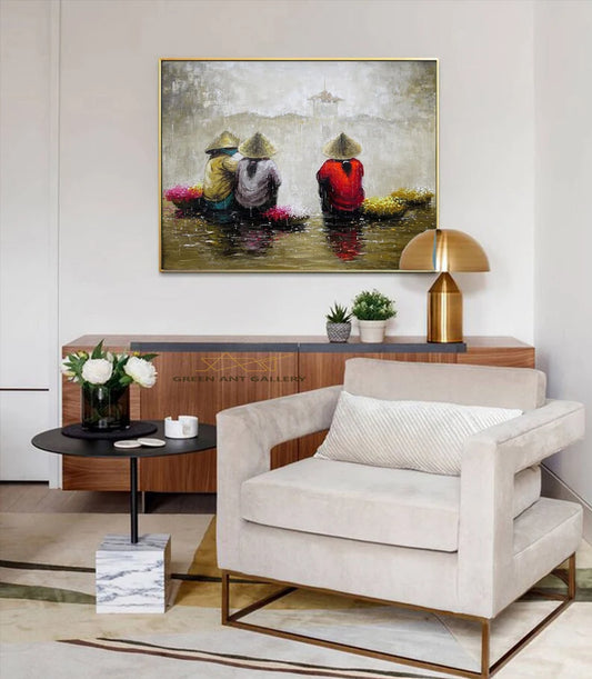 Handmade Vietnamese Oil Painting – Floral Street Vendor | Elegant Wall Decor
