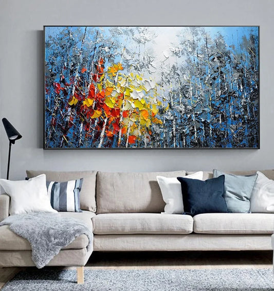 "Large Hand-Painted Oil Painting on Canvas – Blue Sky & Colorful Forest, Textured Impasto Wall Art"
