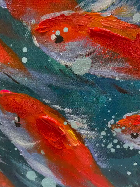 Original "School of Fish" Oil Painting – Abstract Blue Ocean Scene on Canvas, Underwater World Art for Living Room, Customizable Design.